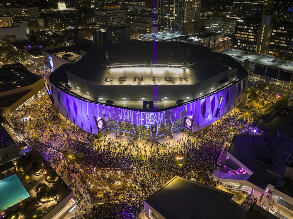 an aerial view of a stadium at night