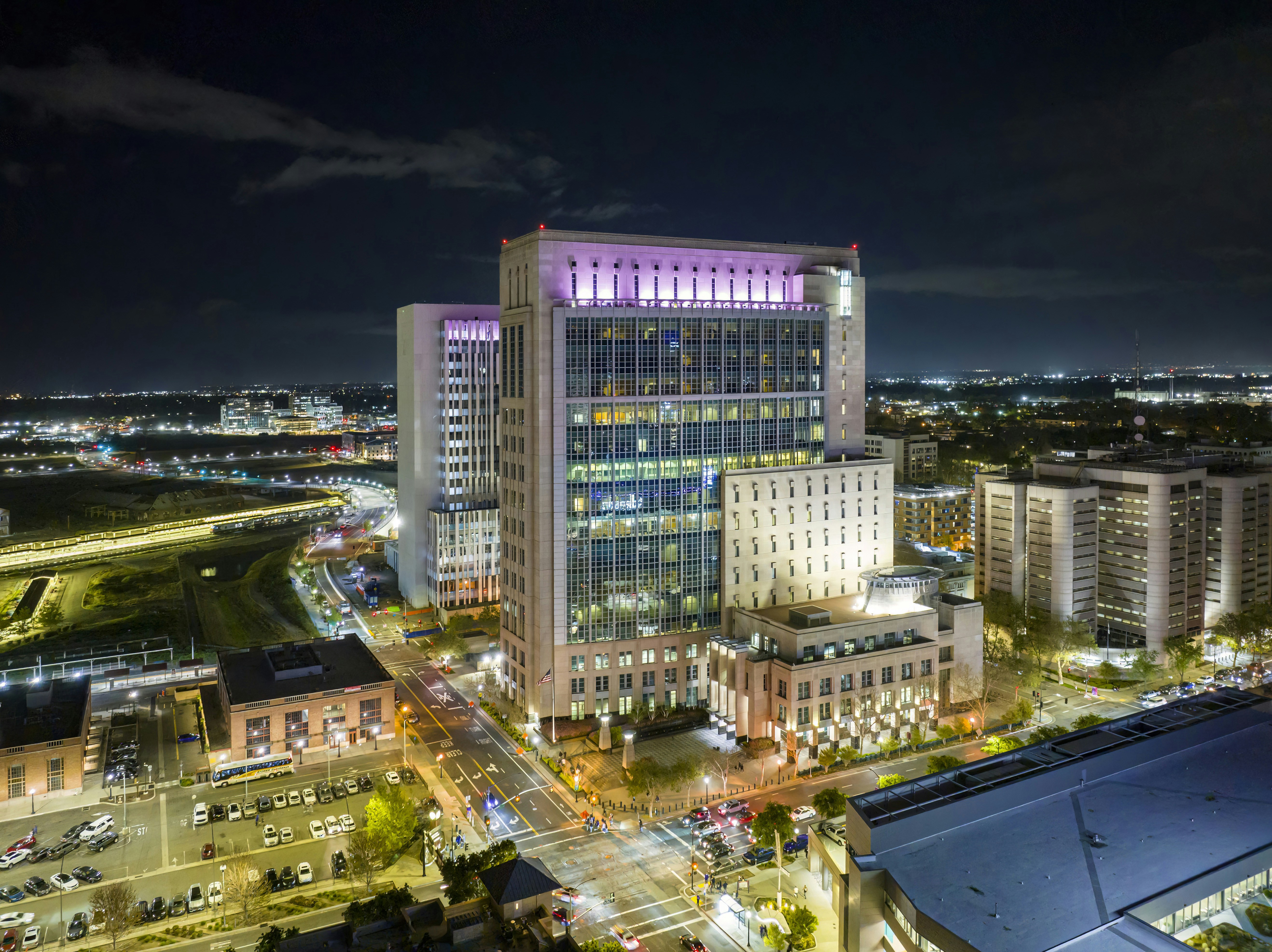 an aerial view of a city at night