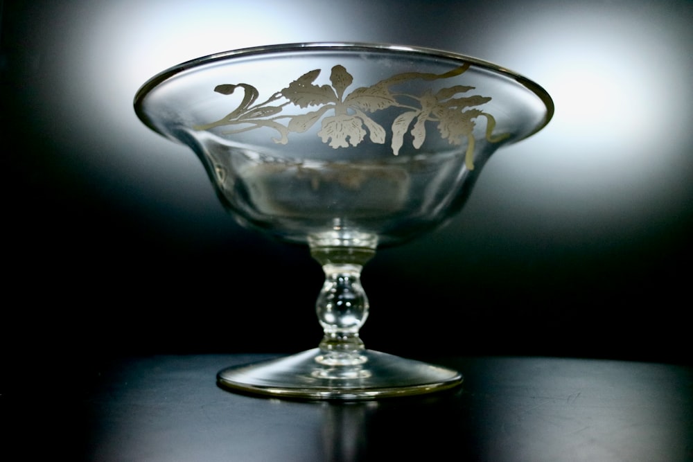 a glass bowl sitting on top of a table