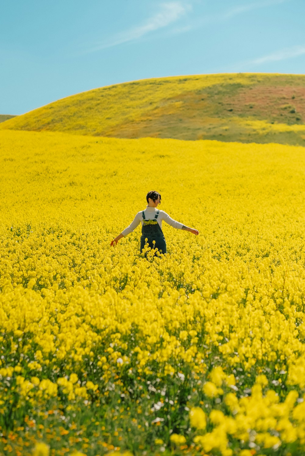 a woman standing in a field of yellow flowers