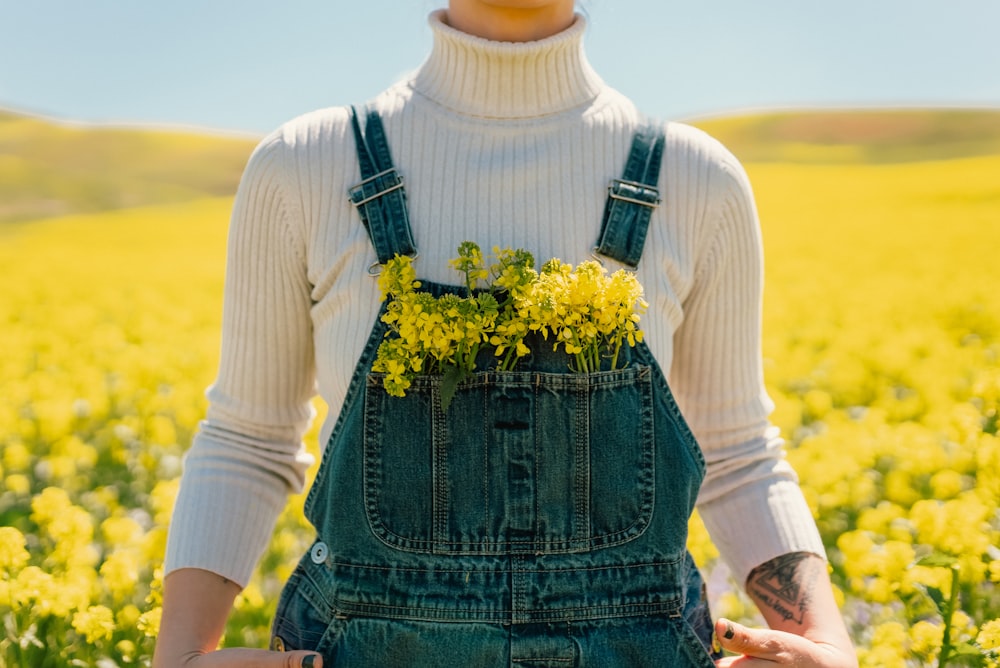 a woman standing in a field of yellow flowers