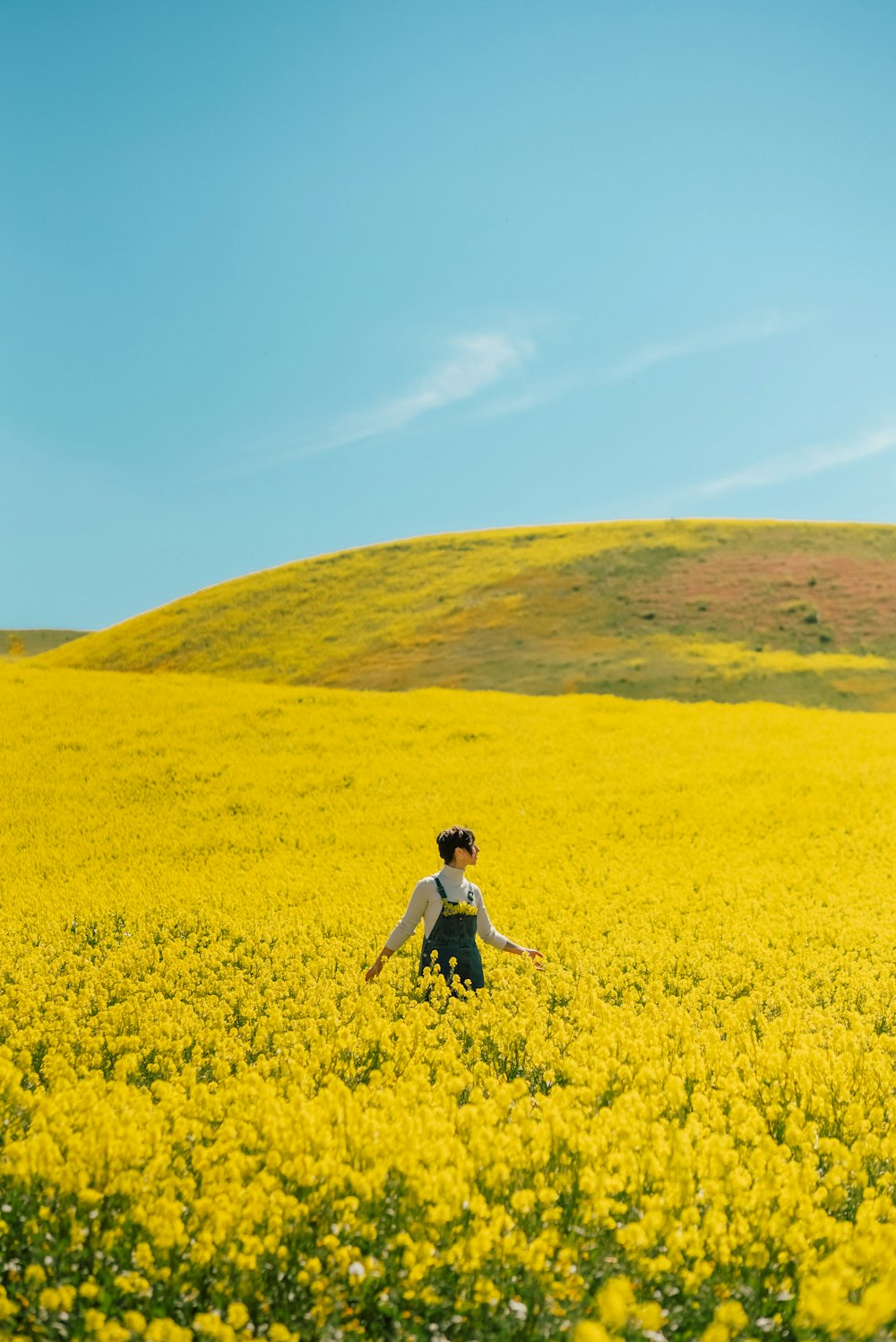 a woman walking through a field of yellow flowers