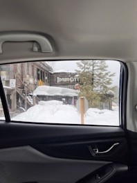 A view through a car window showing a snowy landscape with a rustic building labeled 'Idaho City'. Snow covers the ground and the roof of the building. A pine tree stands nearby, and there are various signs visible.