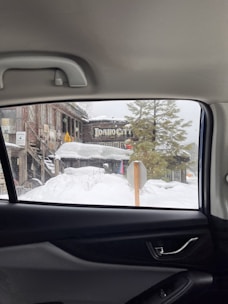 A view through a car window showing a snowy landscape with a rustic building labeled 'Idaho City'. Snow covers the ground and the roof of the building. A pine tree stands nearby, and there are various signs visible.