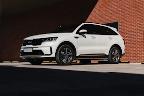 A white SUV parked on a sunny street, its paint polished and tires shining.