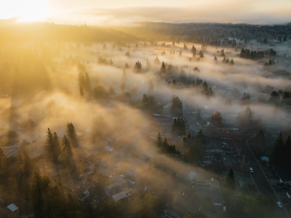 an aerial view of a town surrounded by fog