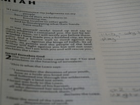 A close-up view of a page from a book, likely religious, featuring printed text and handwritten notes in the margins. The text is formatted in paragraphs with headings, and the notes are written in a light pencil, indicating personal reflections or study points.