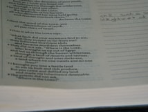 The image shows a page from a book with religious text, likely a Bible, featuring scriptural passages. The text includes questions posed as statements and mentions of the Lord and ancestors. On the right side, there's a lined margin with handwritten notes.