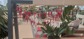 An inviting outdoor seating area decorated with chili pepper garlands
