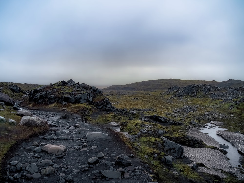 a small stream running through a rocky field