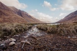 a stream running through a valley with mountains in the background
