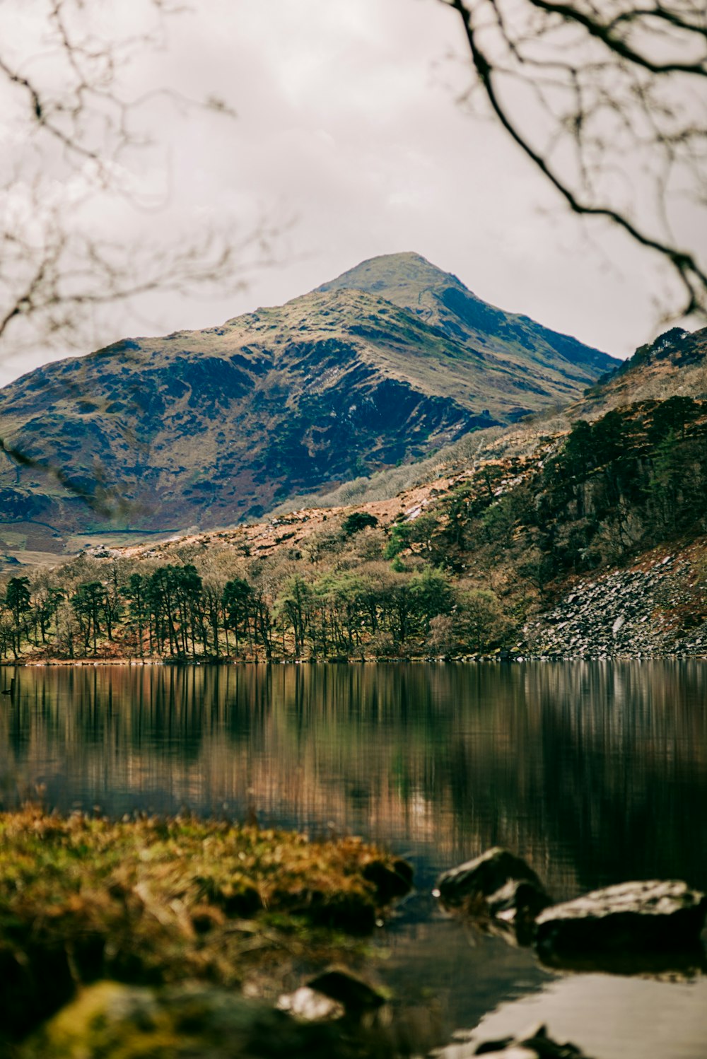 a lake with a mountain in the background