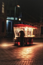 A lone street vendor stands at a brightly lit food cart on a cobblestone street at night. The vendor's back is turned, and the warm glow from the cart illuminates the immediate area in contrast to the dark surroundings. The scene appears quiet and atmospheric, with dimly visible buildings in the background.