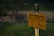A yellow warning sign is posted in a grassy area near a wooded landscape. It cautions about an underground gas pipeline, providing emergency contact information and instructions to call before digging.