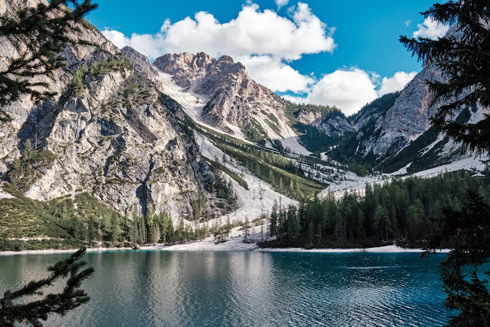 a lake surrounded by mountains and trees