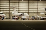 Inside a spacious aircraft hangar, a white jet is being serviced. A person in blue is standing on a ladder near the aircraft, engaged in maintenance work. The hangar is well-lit with several other aircraft visible in the background.