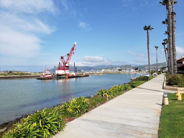 A red and white crane ship is positioned in a body of water near a shoreline. The area is bordered by a paved walkway lined with tall palm trees and green shrubs. The background features distant mountains under a partly cloudy sky.