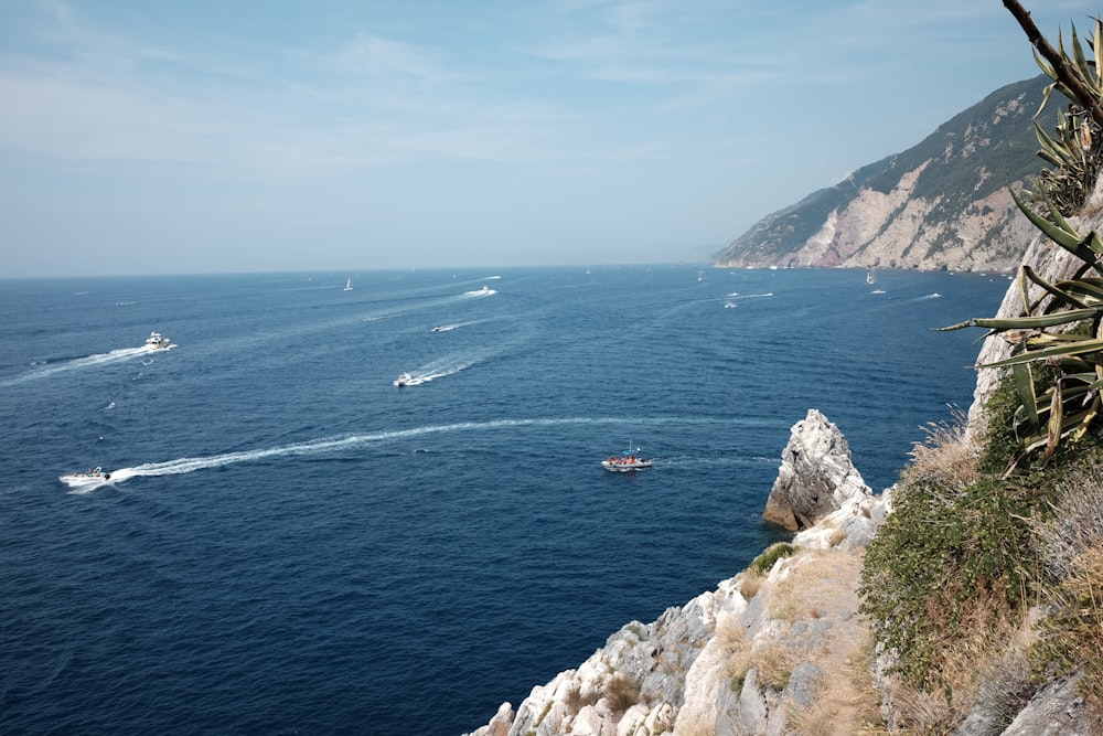 a group of boats traveling across a large body of water