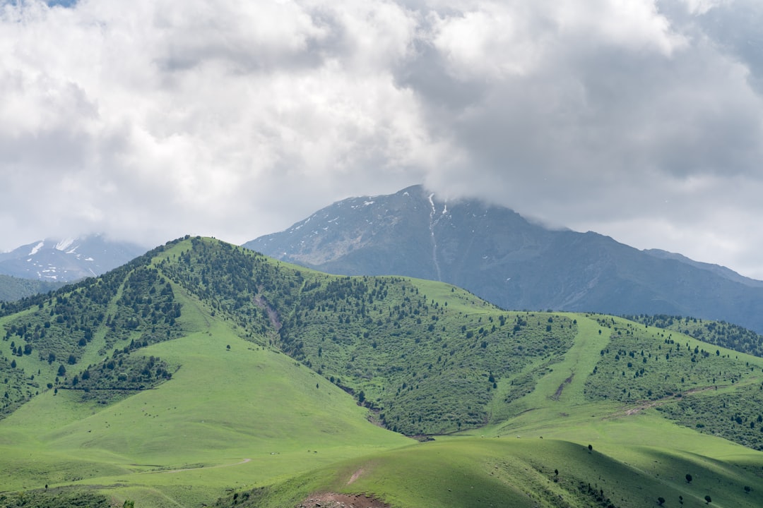 a green mountain range with a dirt road in the foreground, Nature mountains