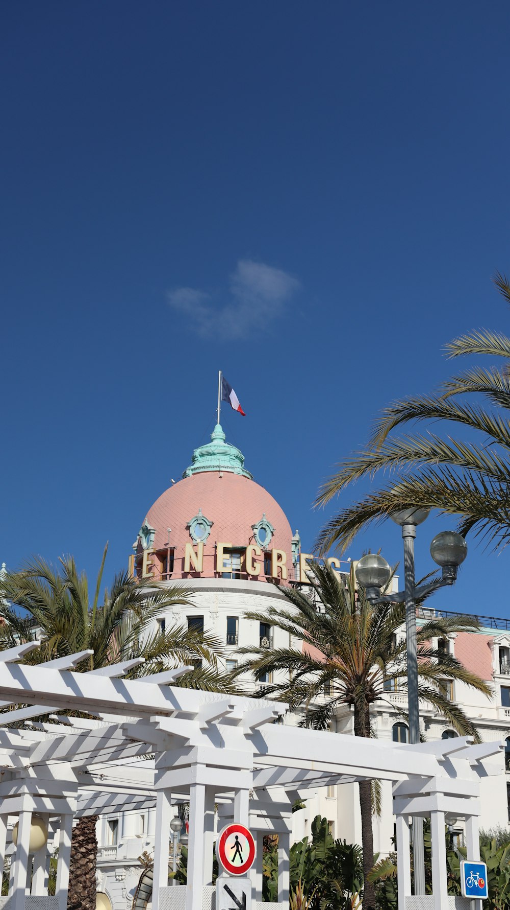 a building with a pink dome and palm trees in front of it