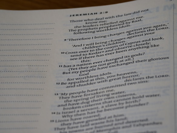 A page from a Bible displaying the verses from Jeremiah 2:9 onwards. The text appears in two columns with verse numbers prominently displayed, and various verses are structured in paragraphs.