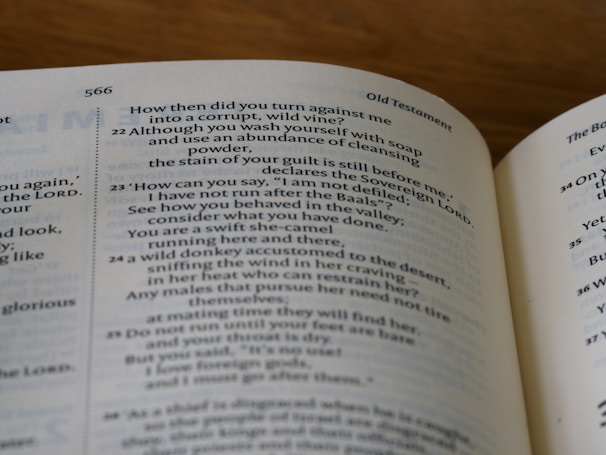 An open book with the text visible on its pages. The page numbers and the heading 'Old Testament' are seen at the top, alongside passages of text printed in a structured format.