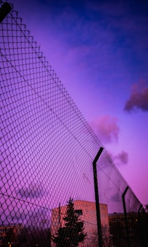 A tall chain-link fence against a vibrant purple and blue sky with scattered clouds. In the background, buildings and trees can be seen, partially obscured by the fence.