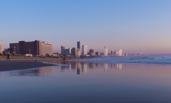 The Golden Mile reflected at dawn — Durban, South Africa