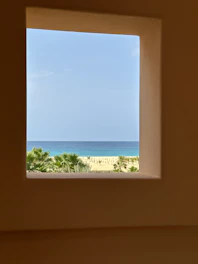 View of the sandy beach and palm trees from the hotel grounds.