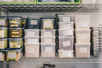 A metal shelf is neatly organized with various labeled plastic containers filled with grains, nuts, and seeds. The labels on the containers suggest careful categorization of contents, with some containers branded as 'wellocks.' The surrounding environment appears to be a storage or kitchen area, with additional metal containers stacked on the right.