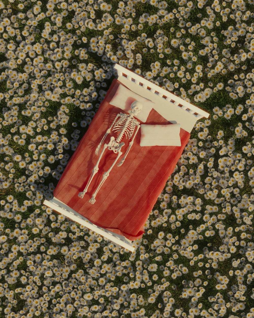 an aerial view of a red sheet with a skeleton on it