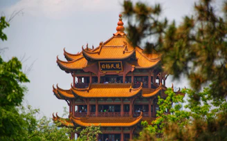 a tall building with a yellow roof surrounded by trees