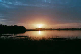 A serene lakeside at dawn with a bass leaping from the water against a soft orange sky.