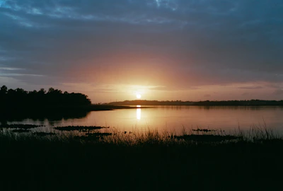 A serene lakeside at dawn with a bass leaping from the water against a soft orange sky.