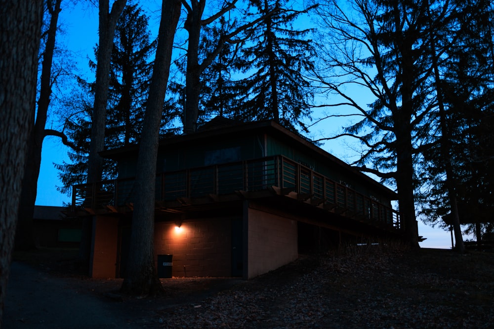 a house in the woods at night with a light on