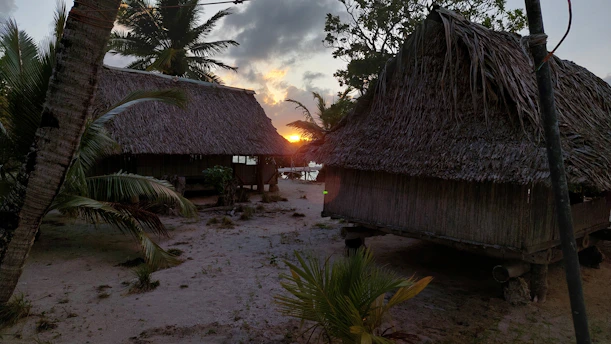 A serene wooden bungalow surrounded by lush tropical greenery on a pristine beach at sunset.