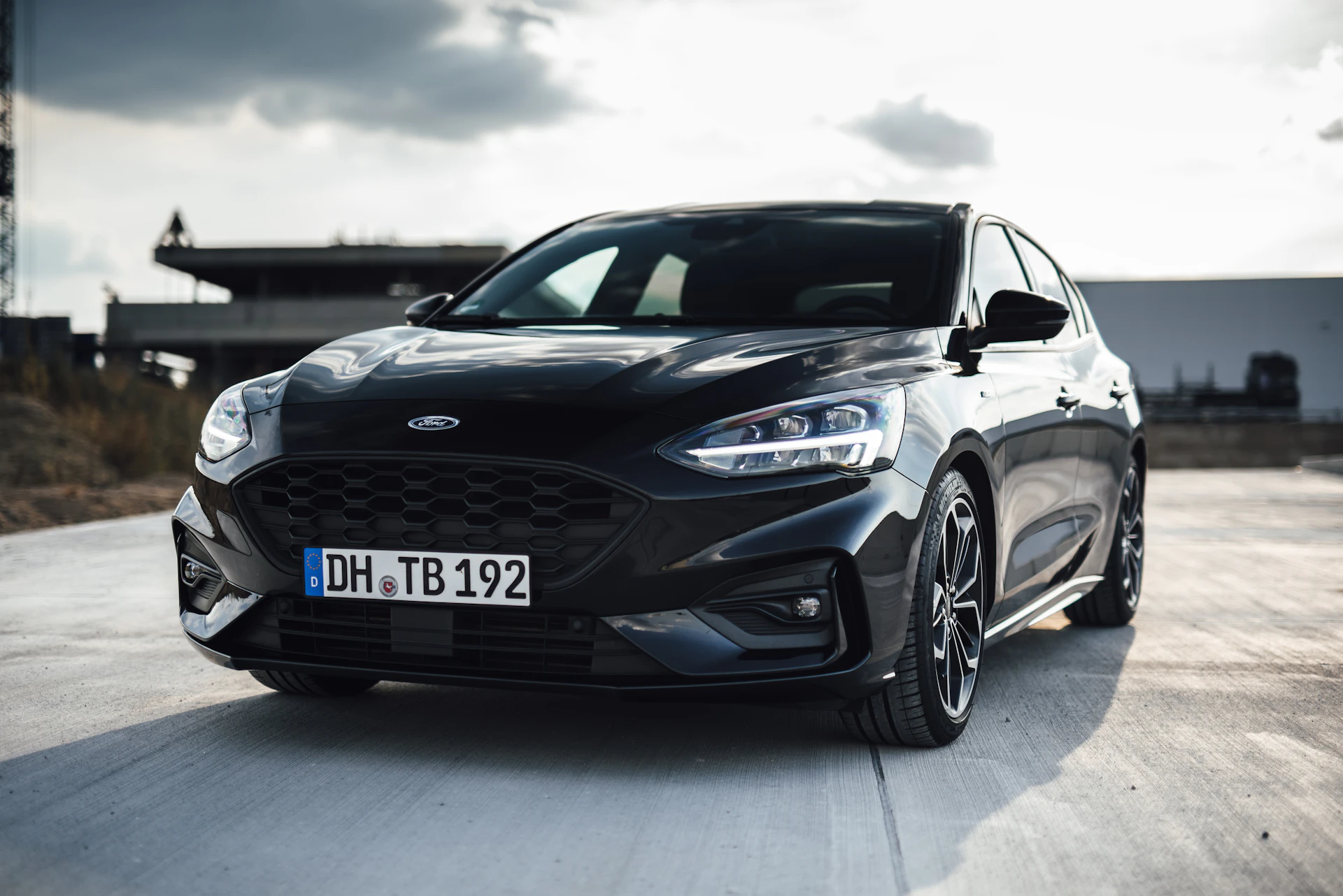 Black Ford Focus photographed from the front