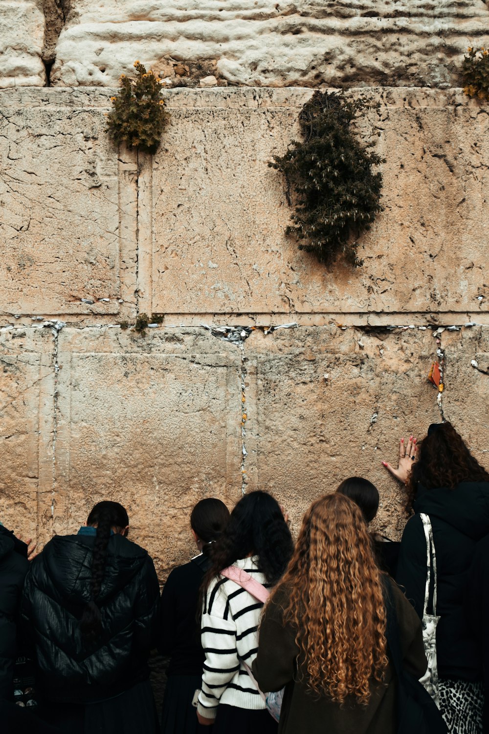 a group of people standing in front of a stone wall