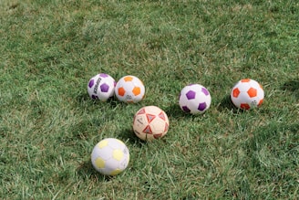 A close-up of colorful soccer balls arranged neatly on the grass.