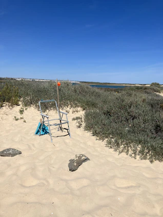 A sandy beach area with a folding chair placed on the sand. The chair is silver with a turquoise seat. Behind it, there are tall grasses and shrubs leading to a calm body of water under a clear blue sky. A single orange buoy is attached to a stick near the chair, adding a pop of color.