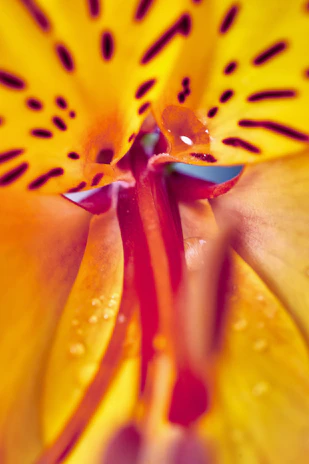 A vibrant macro shot of a single flower petal with droplets of water reflecting light.
