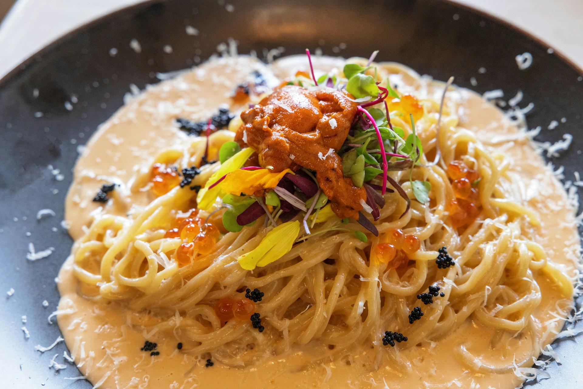 Close-up of a beautifully plated handcrafted tagliatelle pasta with a rich, velvety truffle cream sauce, garnished with fresh herbs and a delicate shaving of Parmesan.
