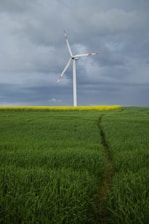 A tall wind turbine stands in a vast green field, under a sky filled with dark, dramatic clouds. A path winds through the lush grass, and a strip of yellow flowers separates the field from the horizon.