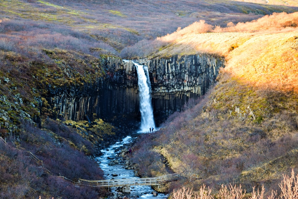 a waterfall in the middle of a grassy area