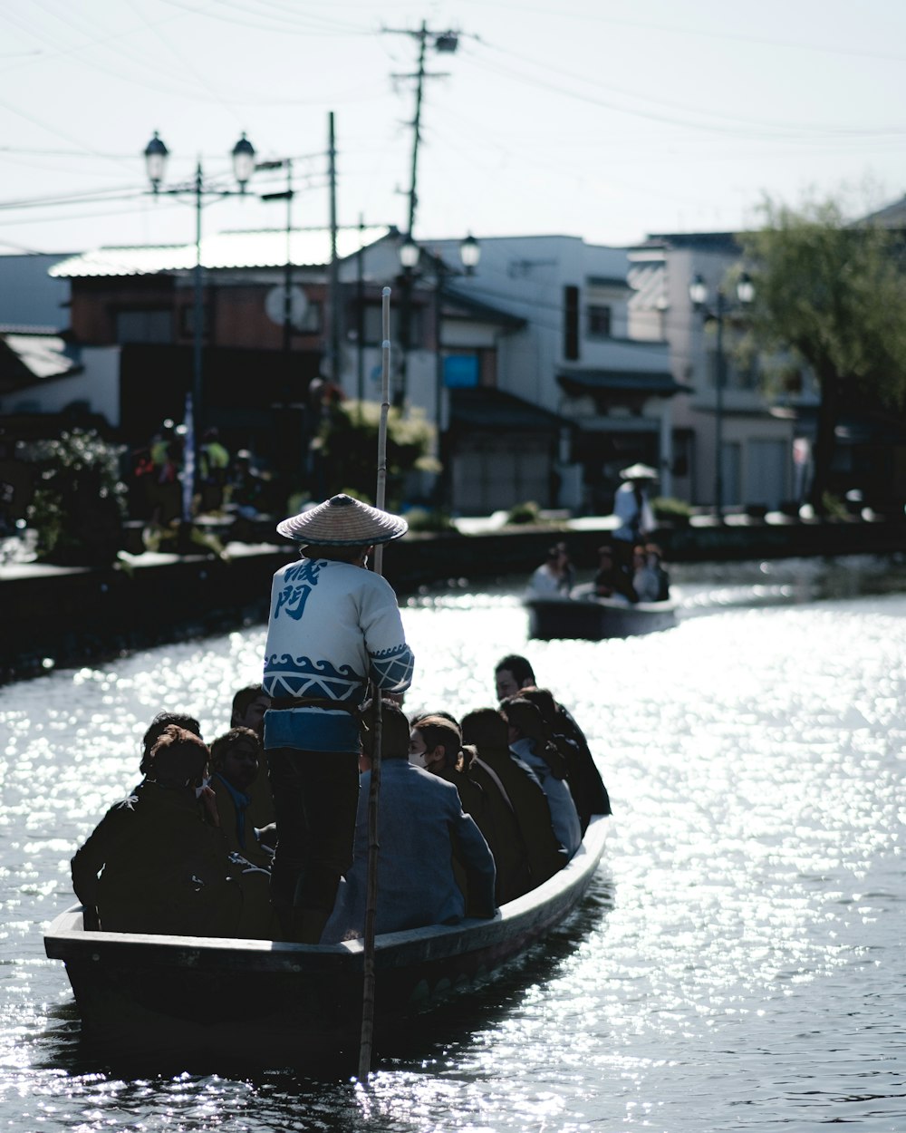 a group of people riding on the back of a boat