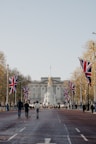a group of people walking down a street with flags