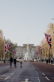a group of people walking down a street with flags