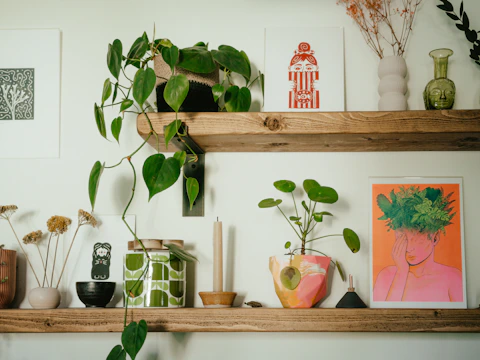 Elegant wooden decorative shelves with plants and art pieces placed in a bright room.