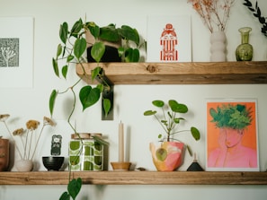 A variety of artificial green plants arranged artfully on a wooden shelf.