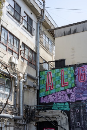 A building exterior with large, industrial pipes running along the side. The upper floors feature windows with metal bars and a visible roof overhang. A colorful mural covers part of the lower wall, displaying the large letters 'ALG' over a patterned background.